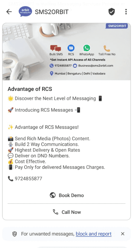 RCS Rich Media Content supporting images, PDFs, videos and interactive call-to-action buttons for business messaging.